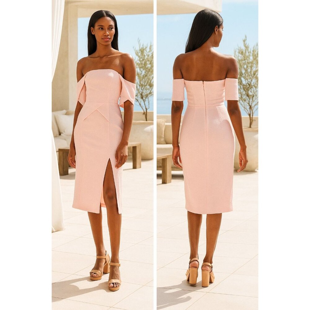 ELLIAT M Dress Acacia Crape Textured Off Shoulder Pleated Slit Front Knee Length - Picture 13 of 16